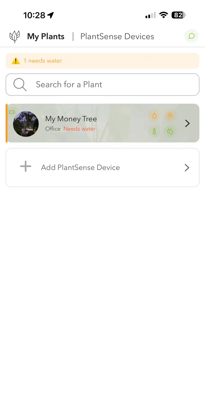 PlantSense Connect plant list, with Add PlantSense Device below the plants