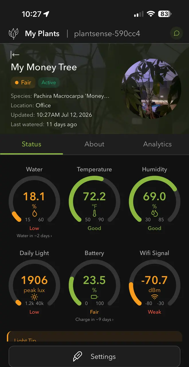 PlantSense Connect Status tab showing six live gauges for a money tree