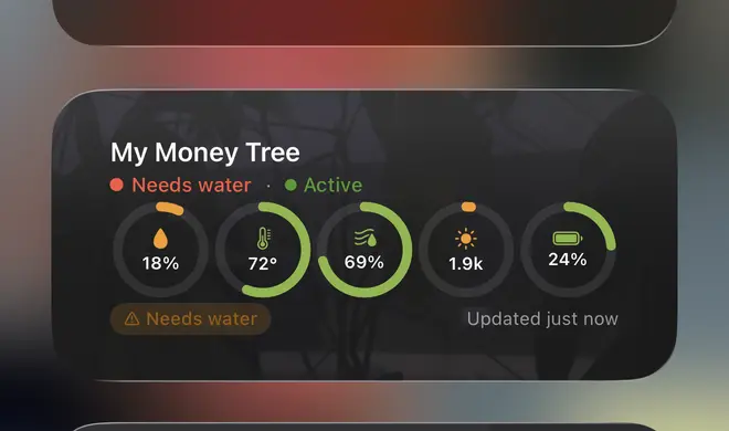 PlantSense home-screen widget showing five gauges for a money tree
