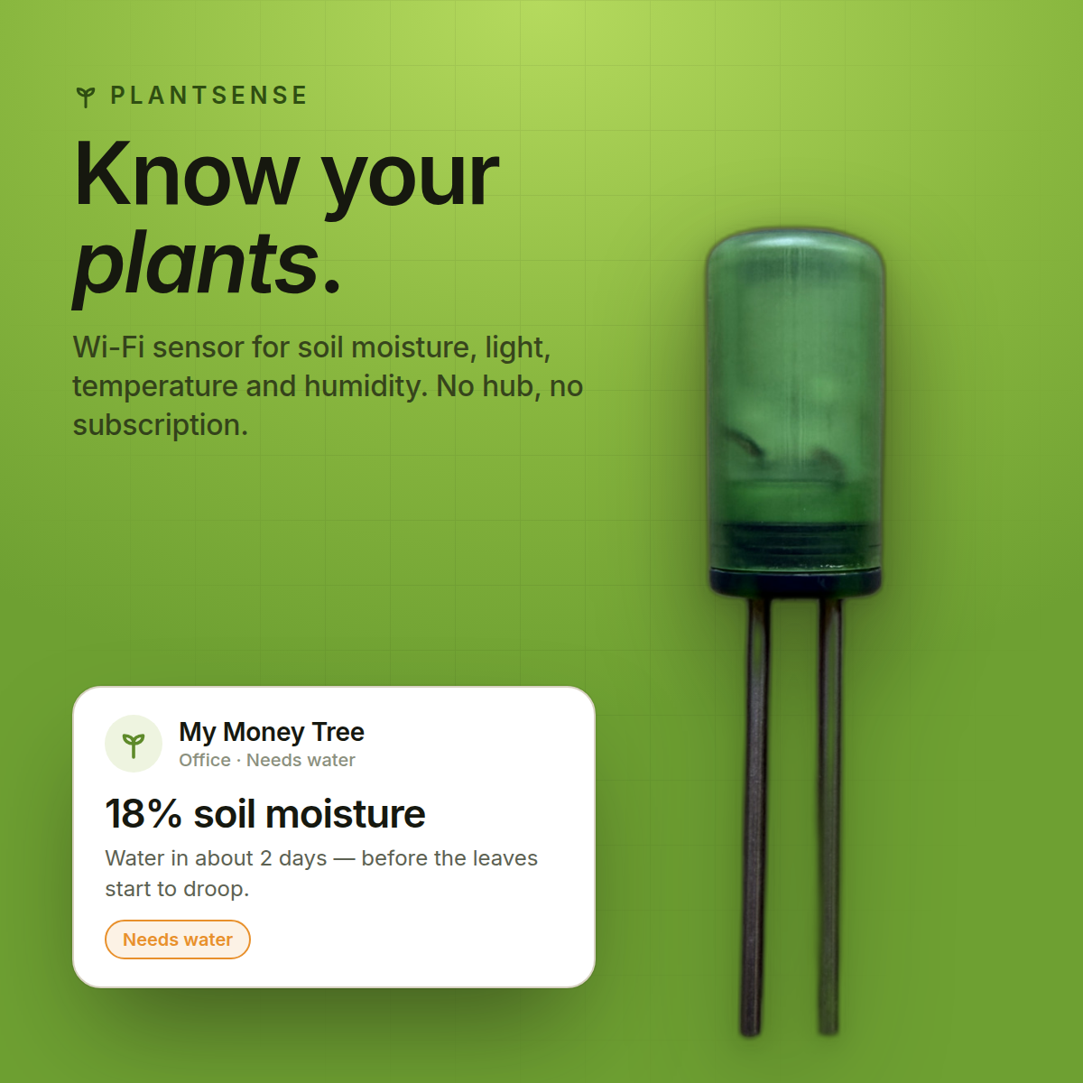 PlantSense sensor with a live soil-moisture reading card