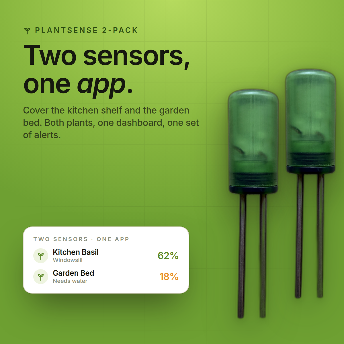 Two PlantSense sensors with readings for a kitchen basil and a garden bed